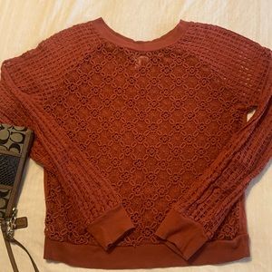 Rust orange long-sleeve netted top, size S, EUC
